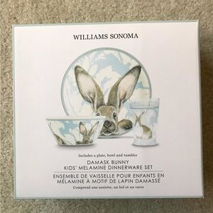 Williams Sonoma Damask Bunny kid’s melamine dinnerware set BNIB 3-piece NEW